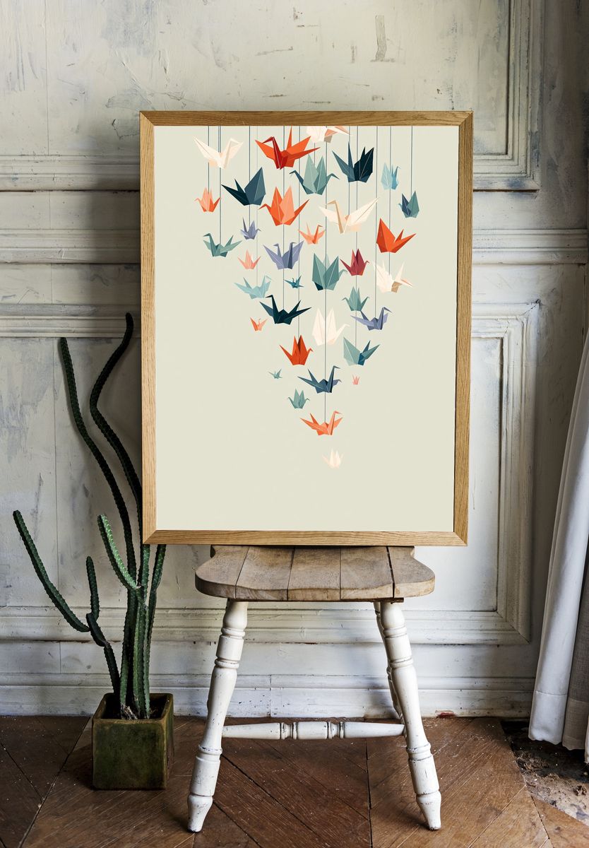 Origami Cranes Minimalist Poster. — room view 1