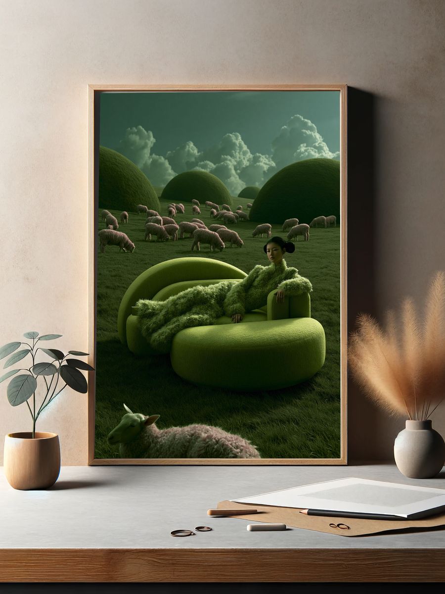 Surreal Green Pasture Illustration Poster. — room view 2