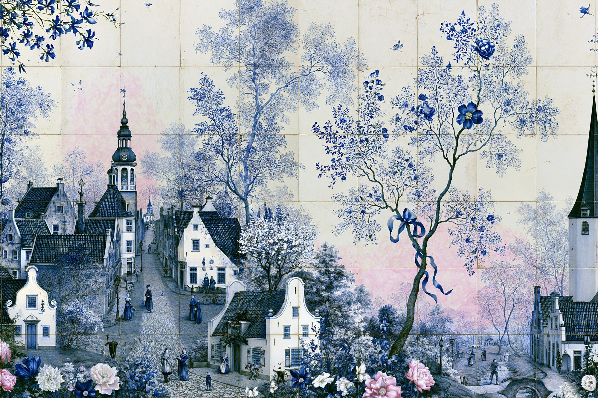 Blue Dutch Village Floral Poster. poster — illustration art