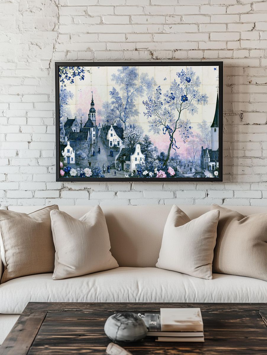 Blue Dutch Village Floral Poster. — room view 1