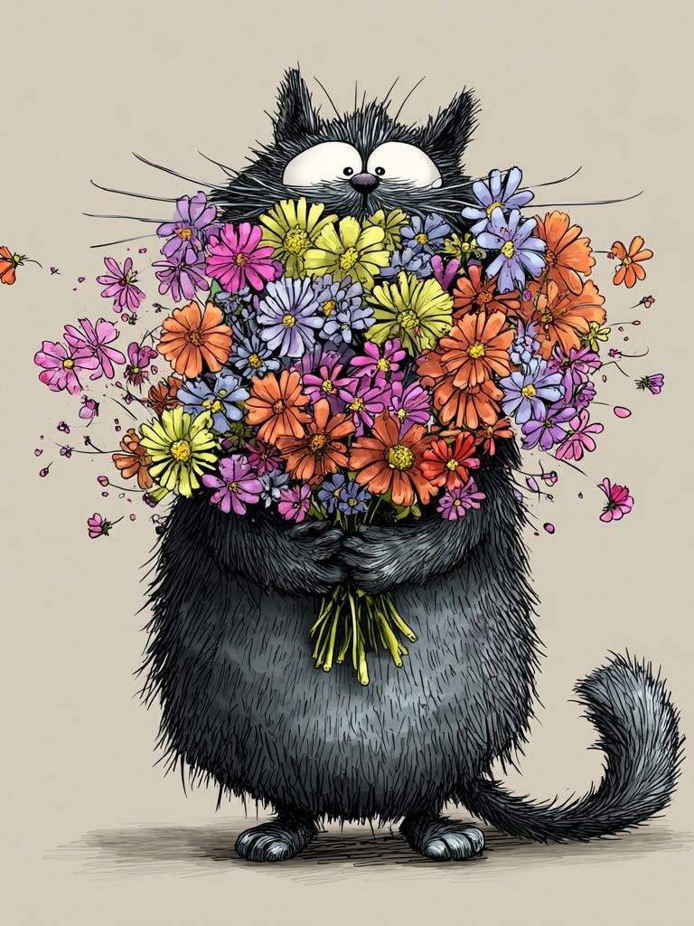 Flower Bouquet Cat Illustration Poster. poster detail