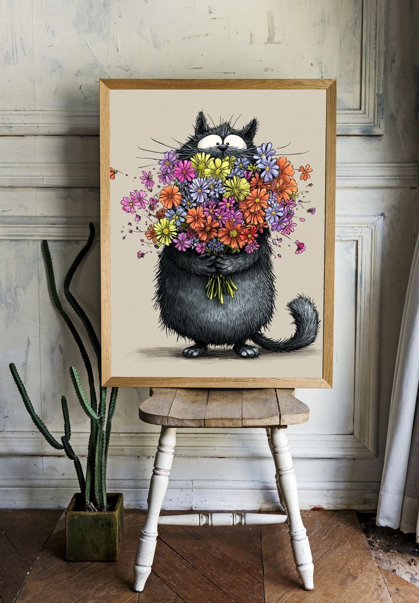 Flower Bouquet Cat Illustration Poster. room preview