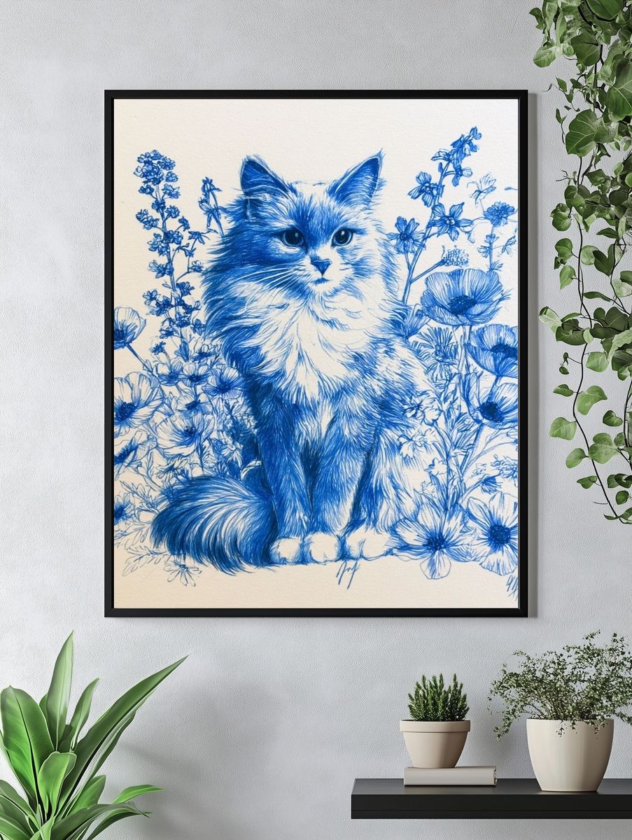 Blue Cat Floral Illustration Poster. — room view 4