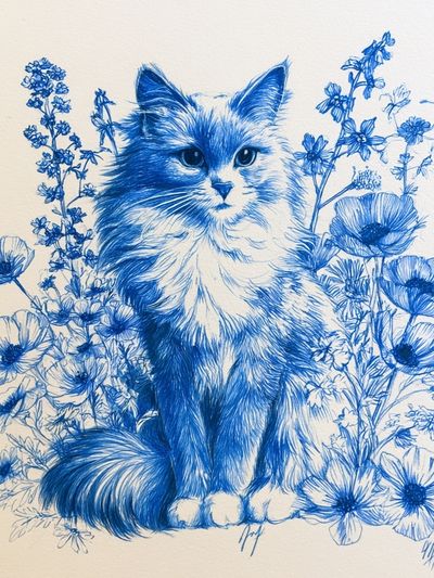 Blue Cat Floral Illustration Poster. poster