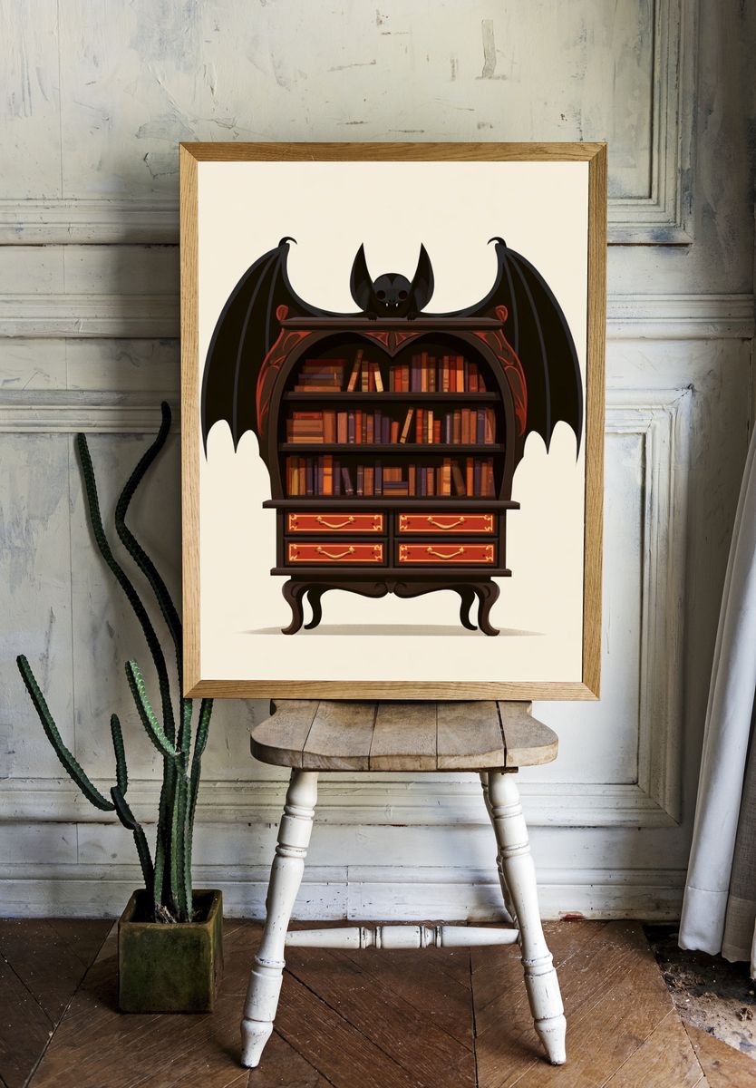 Bat Bookshelf Illustration Poster. — room view 1