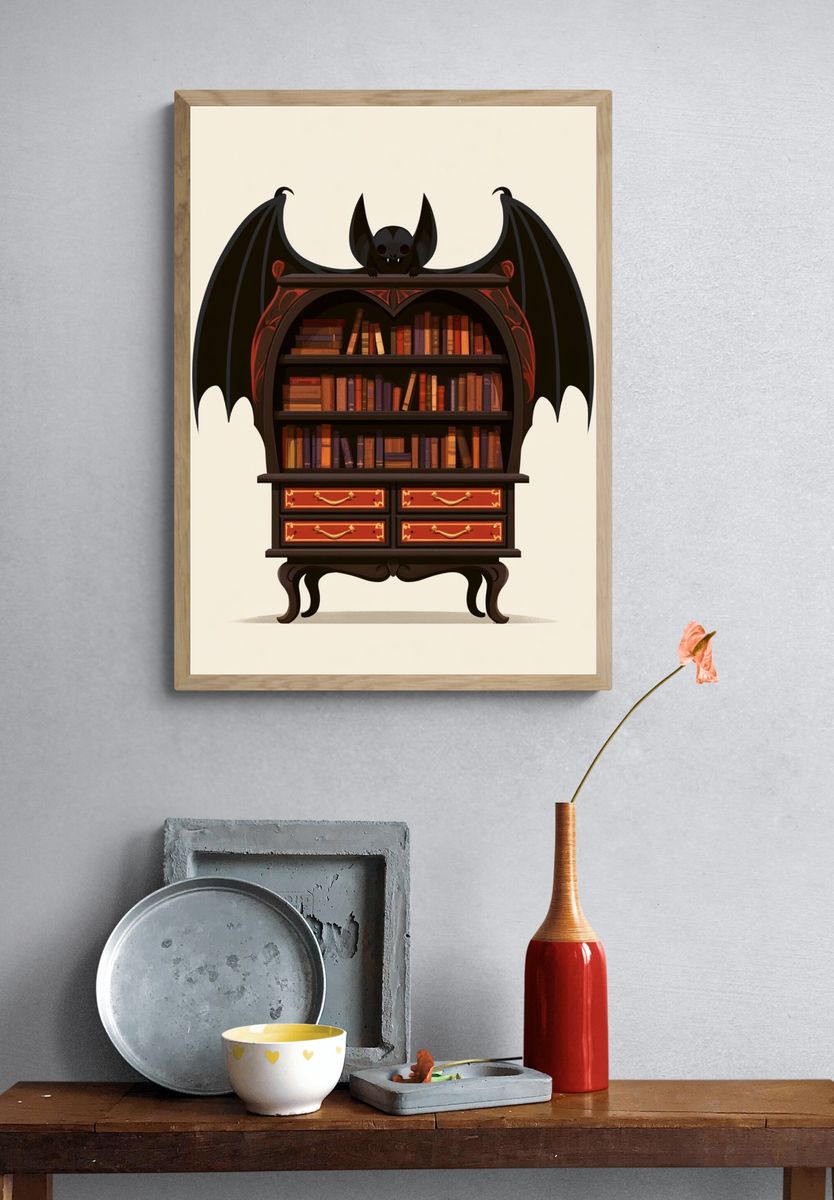Bat Bookshelf Illustration Poster. — room view 3