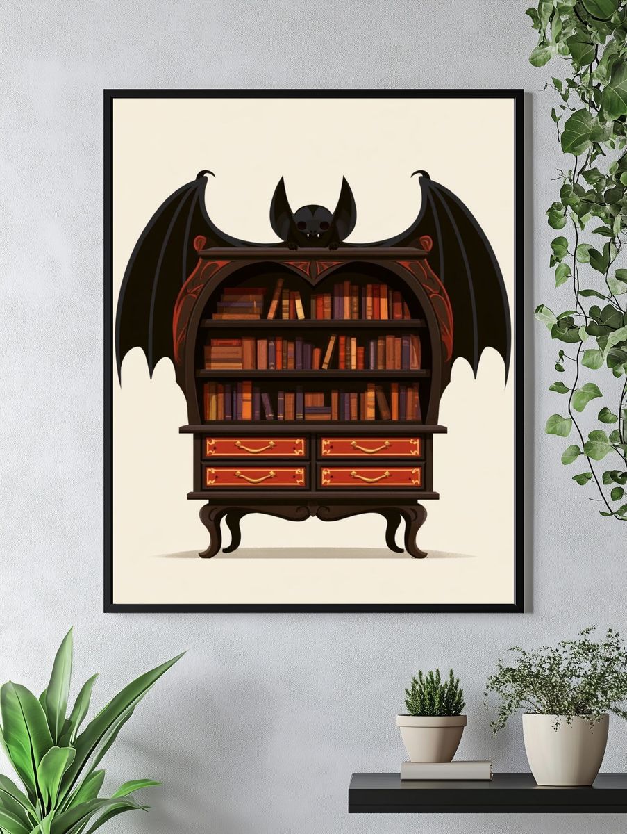 Bat Bookshelf Illustration Poster. — room view 4