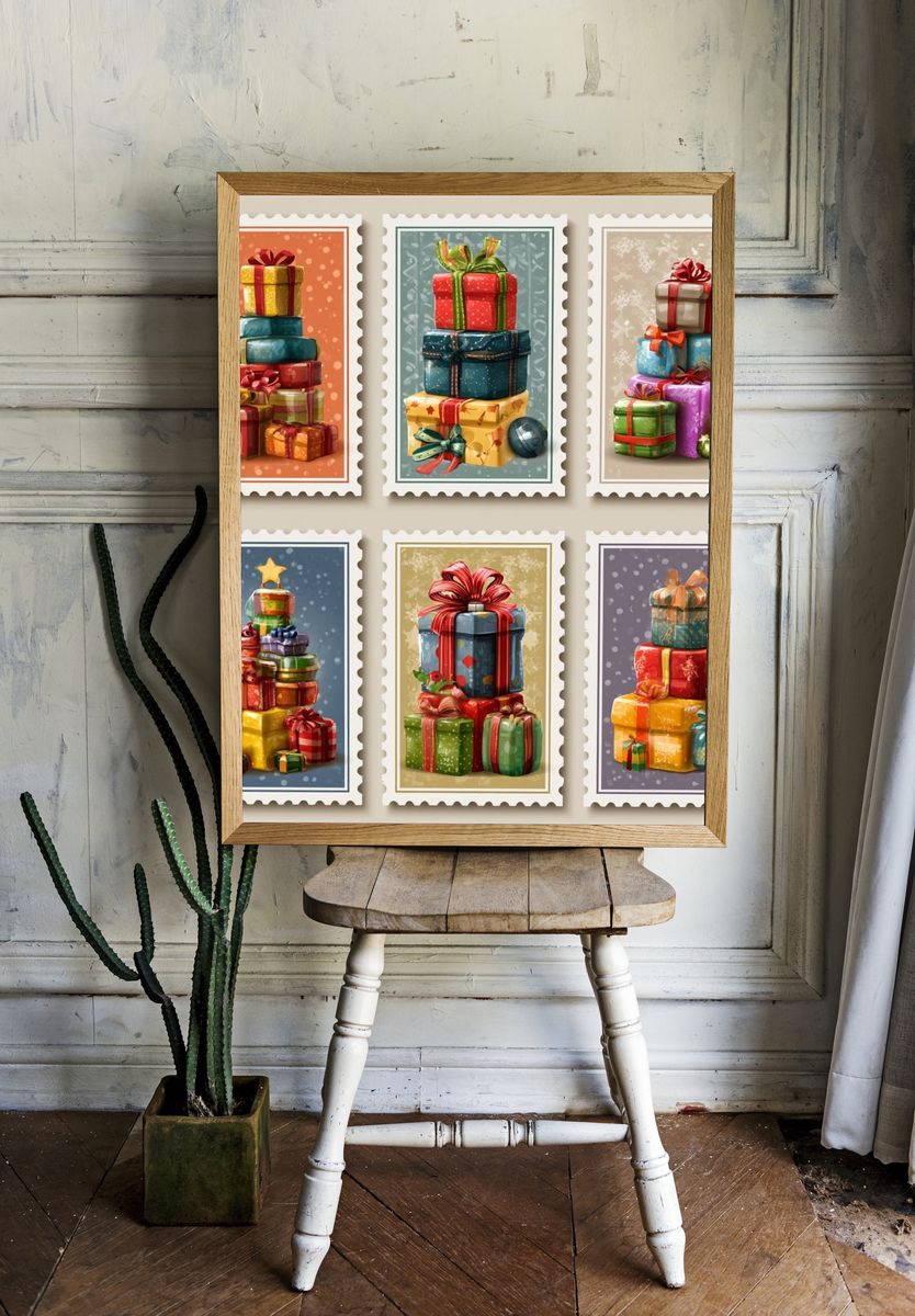 Festive Gift Stacks Illustration Poster. — room view 1