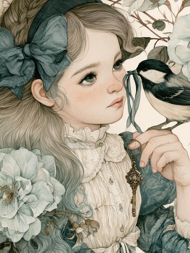 Floral Girl and Bird Illustration Poster. poster — illustration art