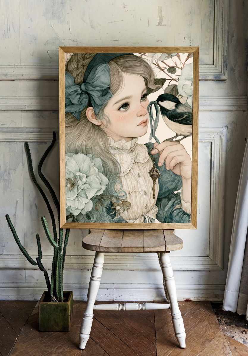 Floral Girl and Bird Illustration Poster. room preview