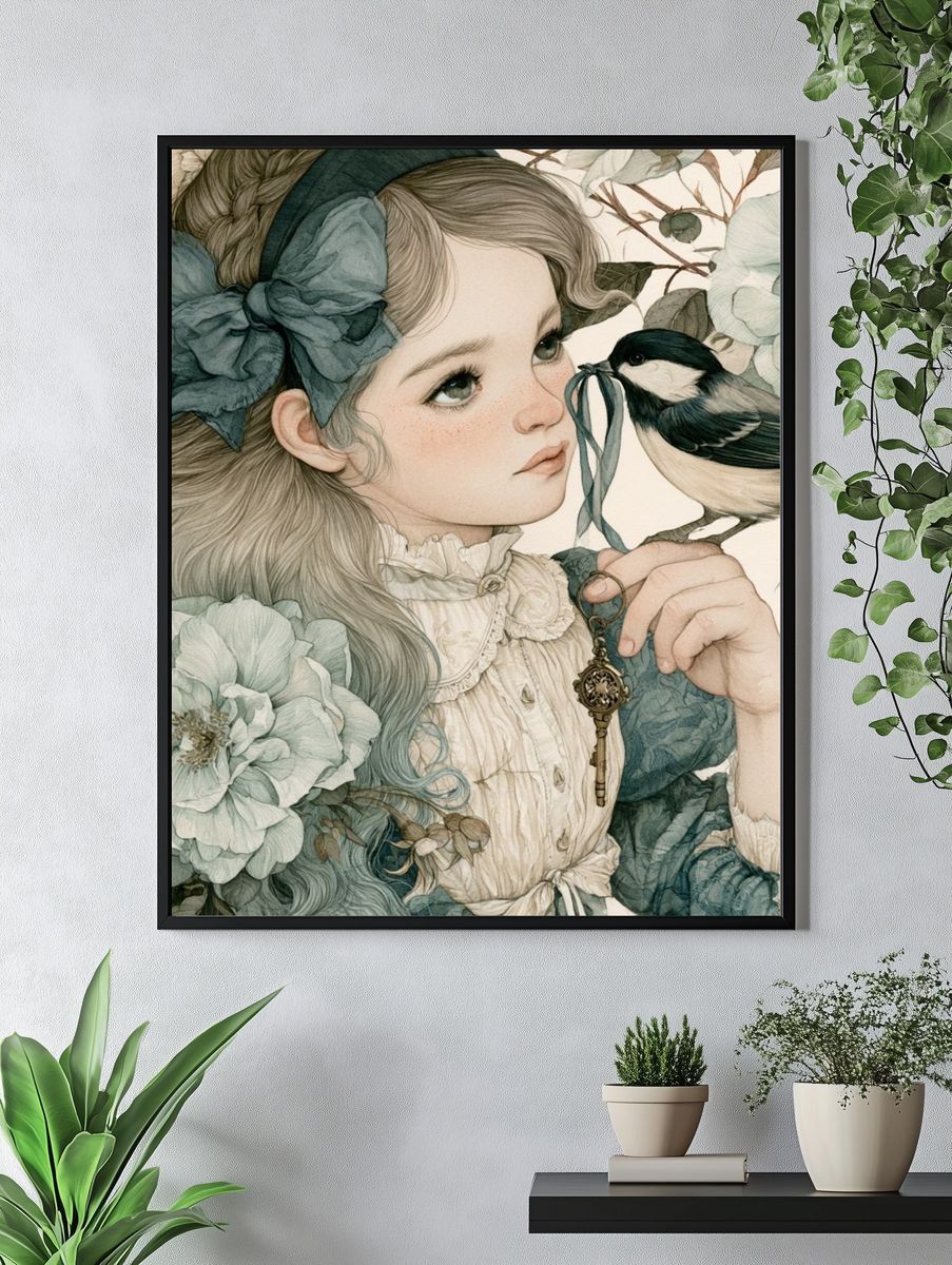 Floral Girl and Bird Illustration Poster. — room view 4
