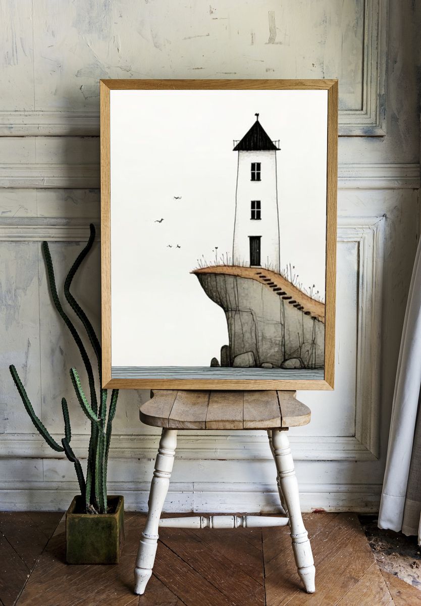 Cliffside Lighthouse Surreal Print. room preview