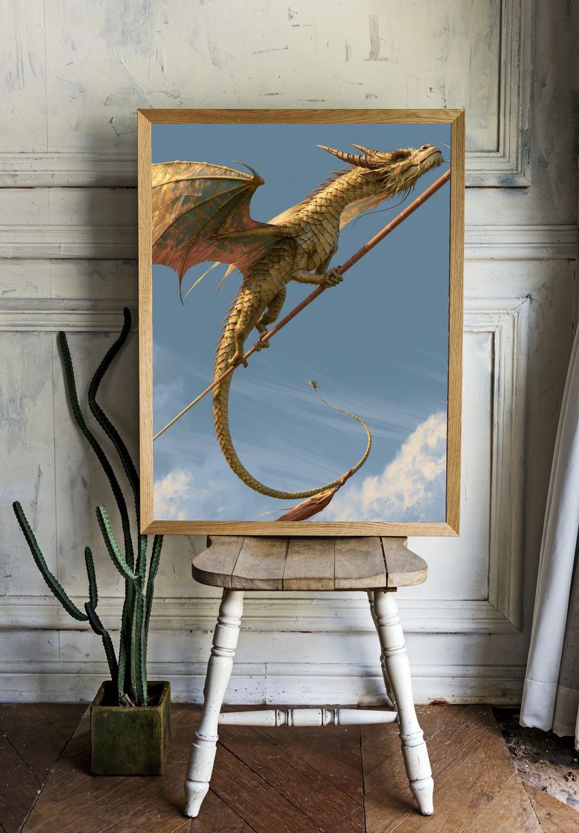 Golden Dragon Skyward Illustration Poster. — room view 1