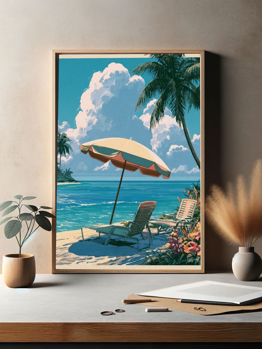 Tropical Beach Paradise Illustration Poster. — room view 2