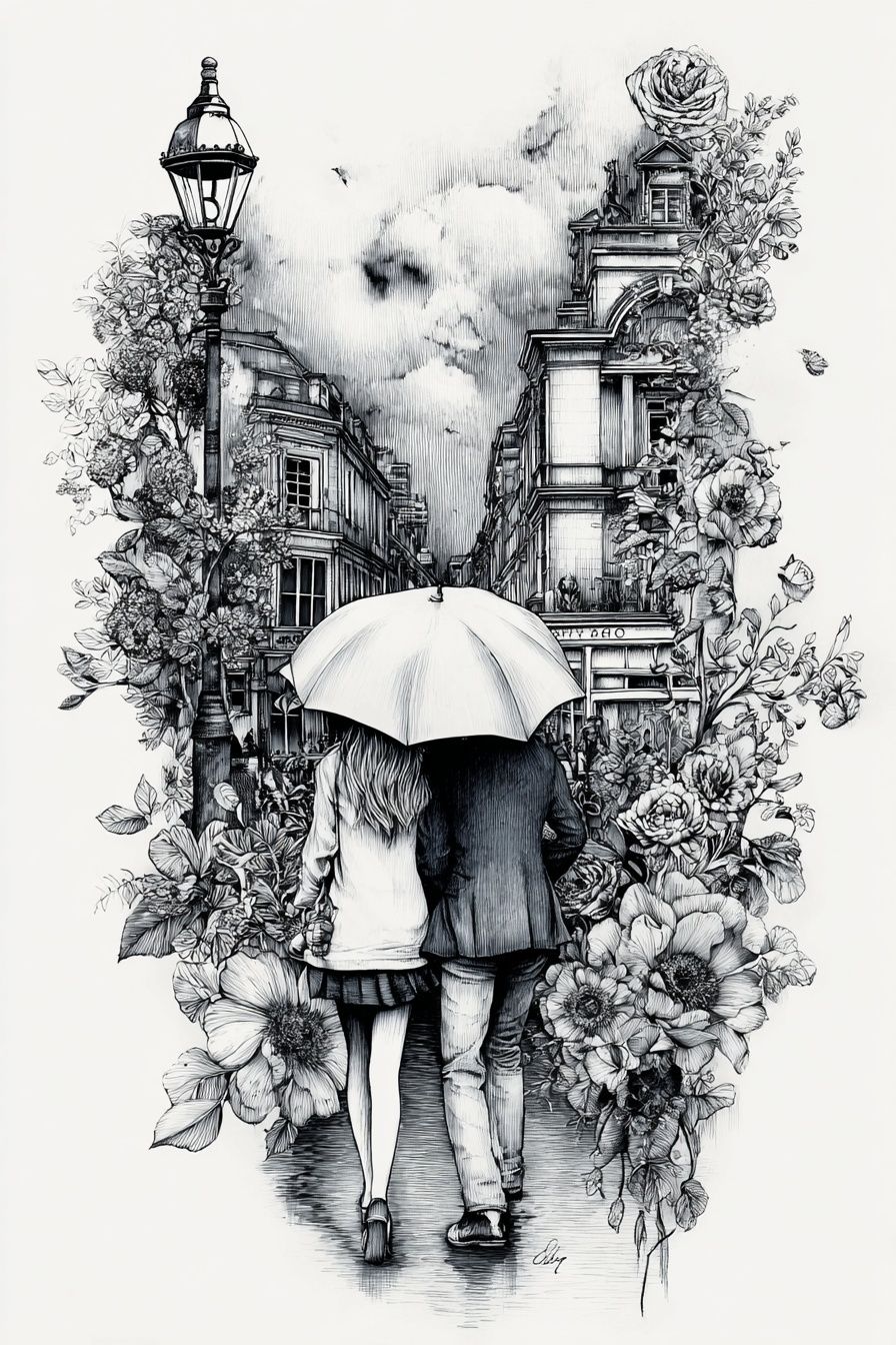 Umbrella Walk in Paris Illustration Poster. poster — illustration art