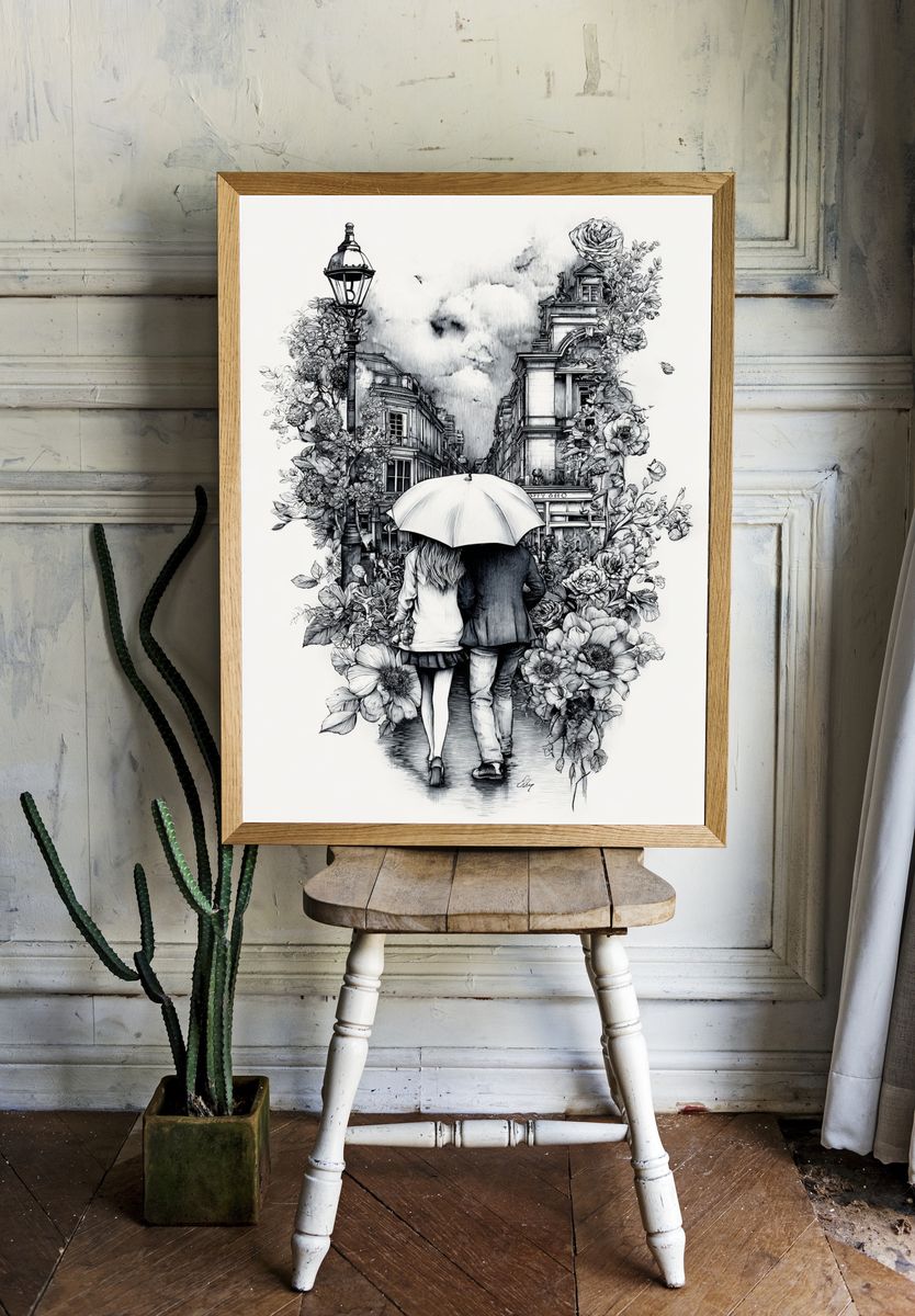 Umbrella Walk in Paris Illustration Poster room preview