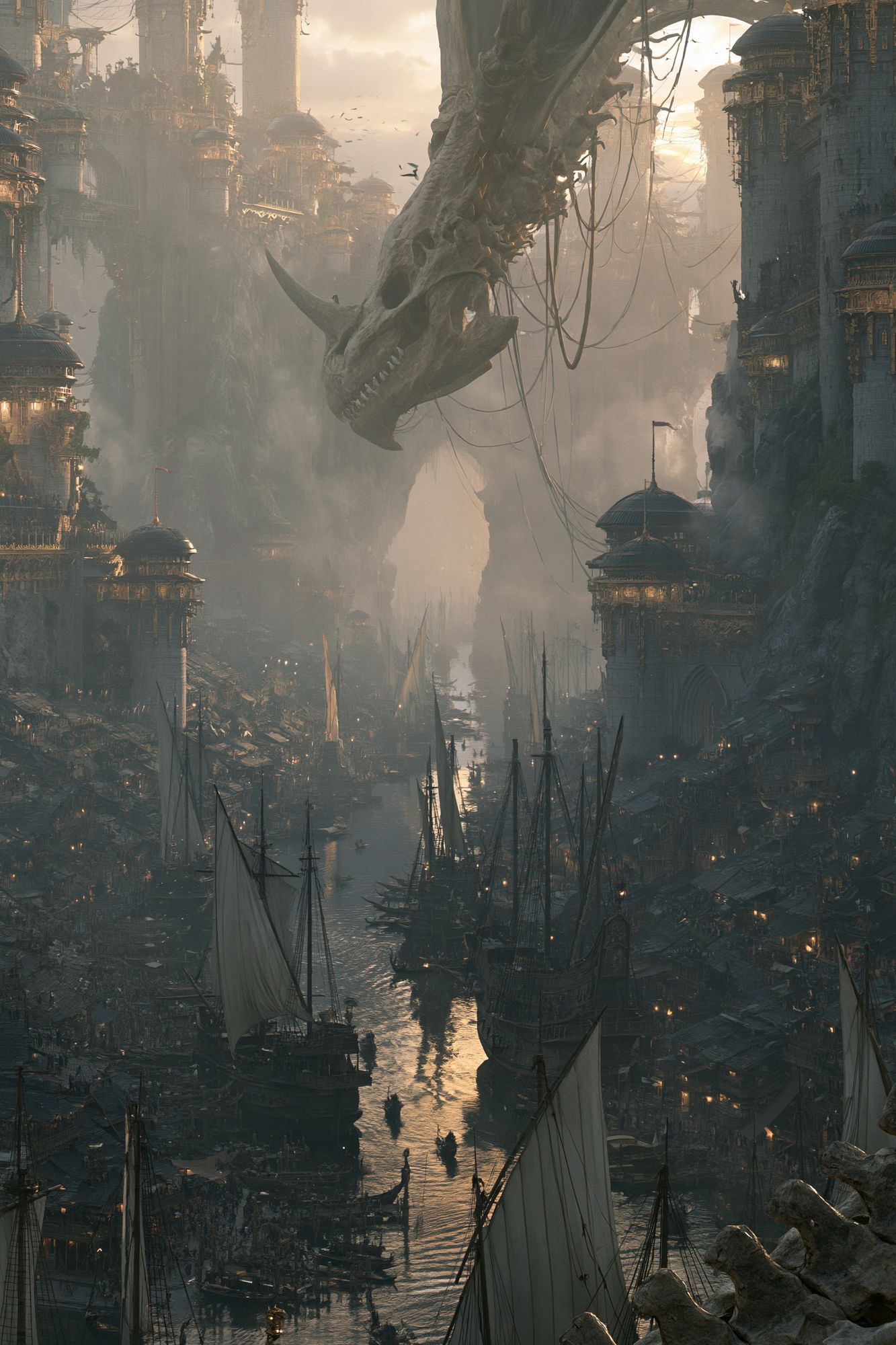 Dragon Harbor Cityscape Print. poster — illustration art