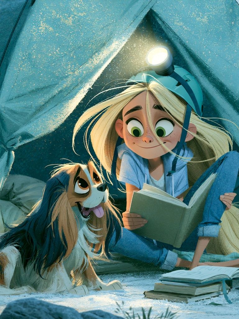 Girl and Dog Camping Illustration Poster. poster — illustration art
