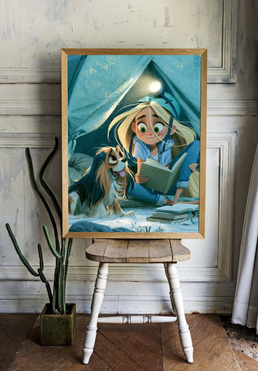 Girl and Dog Camping Illustration Poster. — room view 1