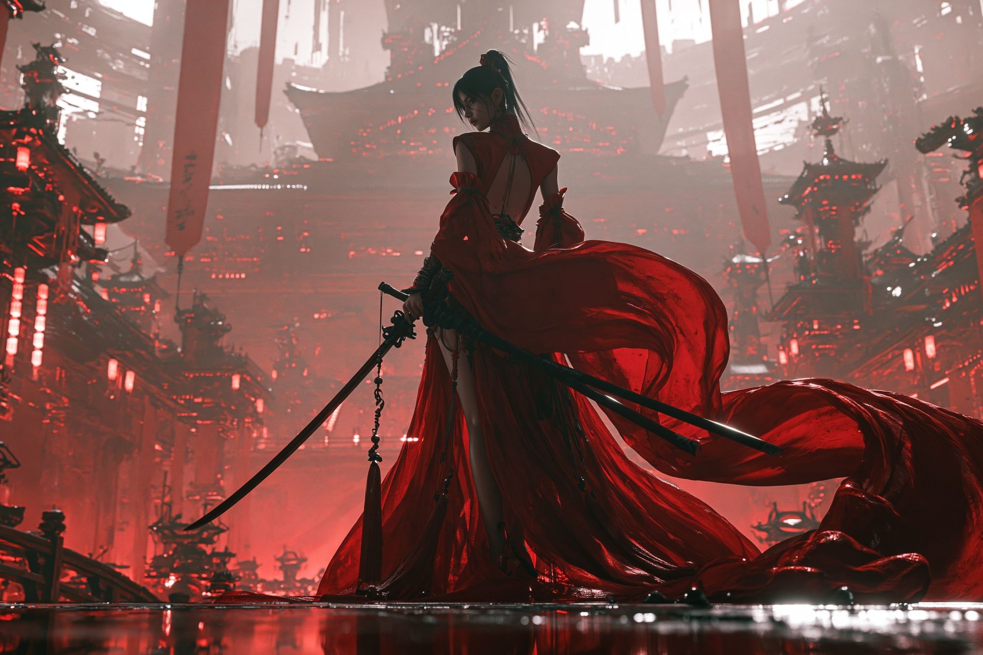 Crimson Samurai Cityscape Print. poster detail