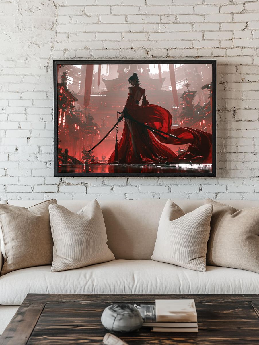 Crimson Samurai Cityscape Print. — room view 1
