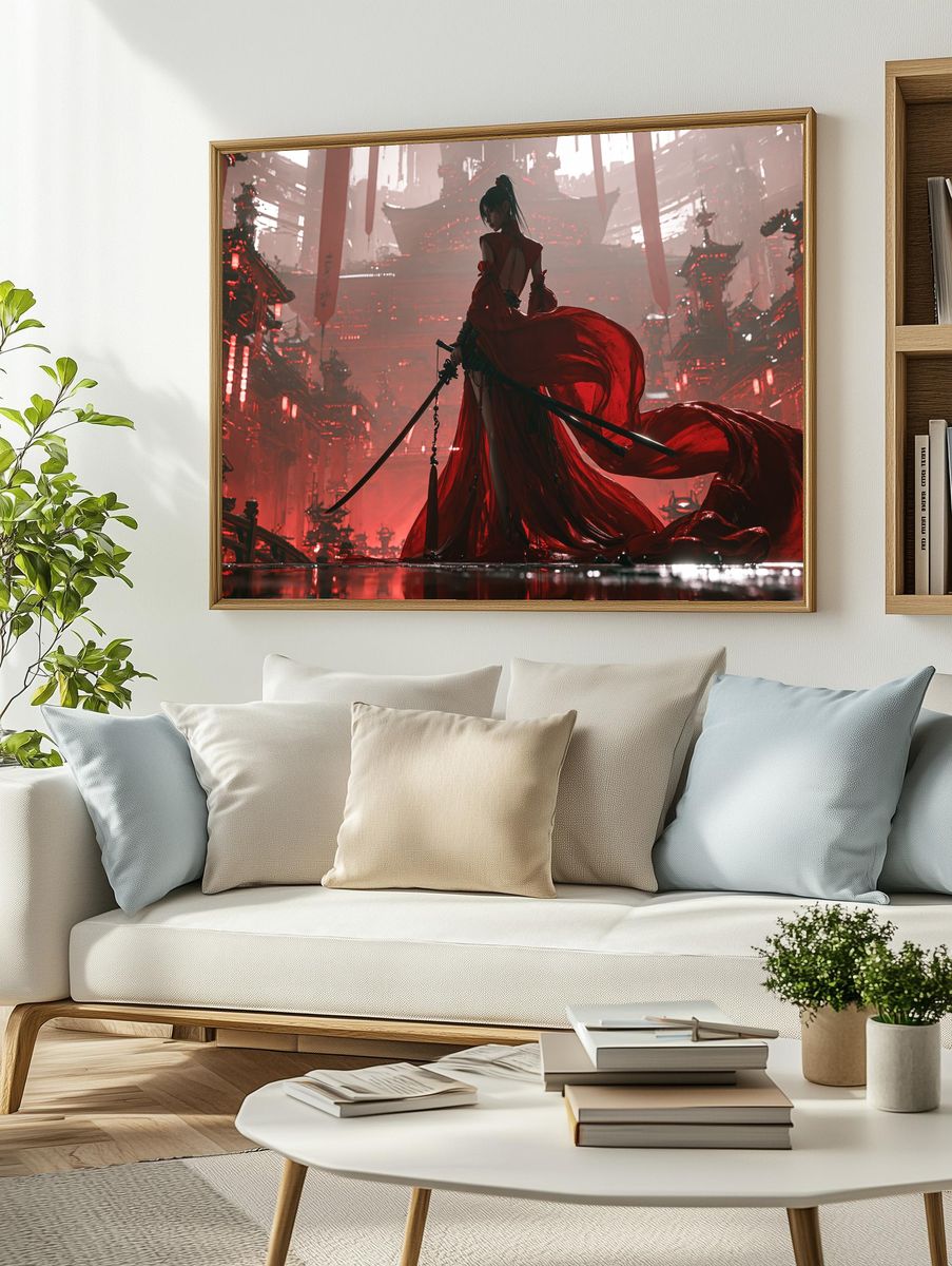 Crimson Samurai Cityscape Print. — room view 2