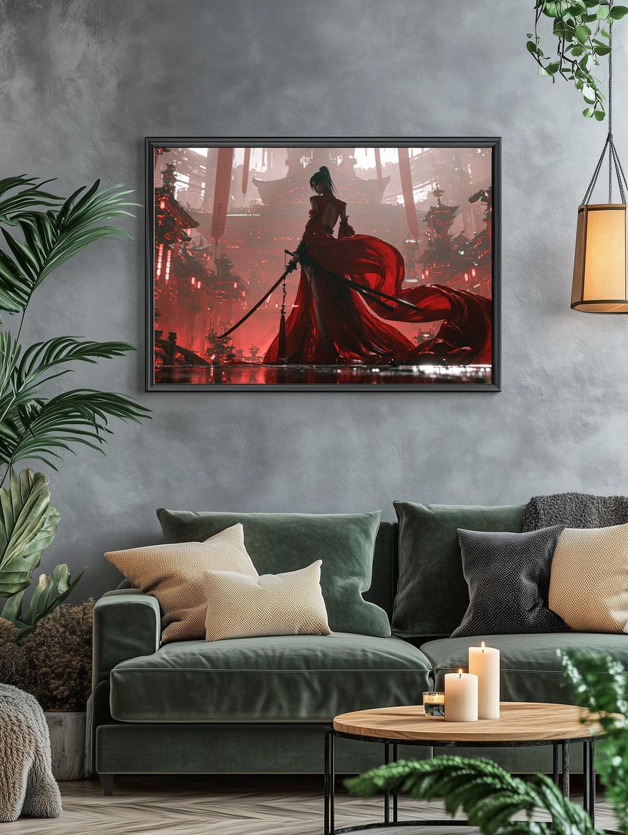 Crimson Samurai Cityscape Print. — room view 4