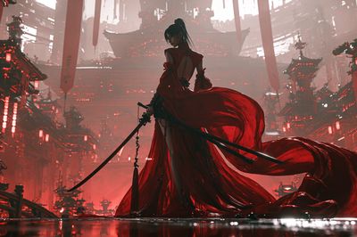 Crimson Samurai Cityscape Print. poster