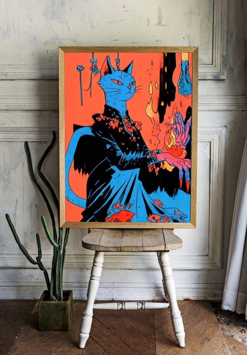 Blue Cat Surreal Illustration Poster. — room view 1