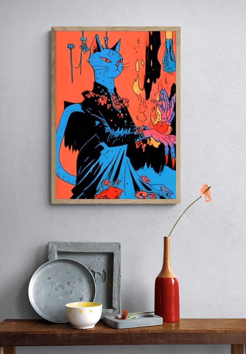 Blue Cat Surreal Illustration Poster. — room view 3