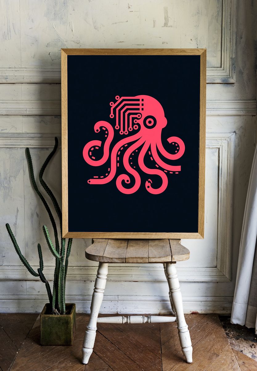 Neon Octopus Circuit Illustration Poster. room preview