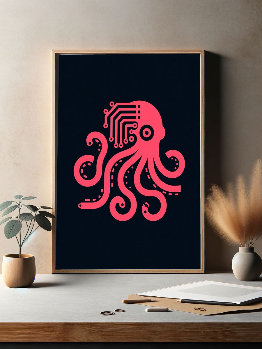 Neon Octopus Circuit Illustration Poster. — room view 2