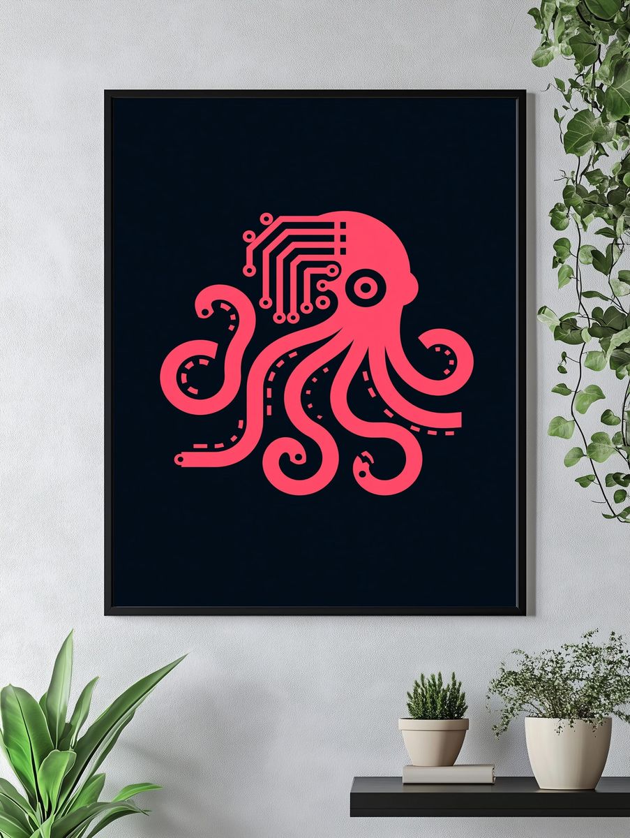 Neon Octopus Circuit Illustration Poster. — room view 4