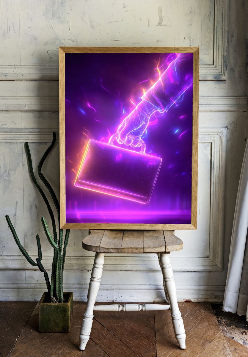 Neon Briefcase Hand Illustration Poster. — room view 1