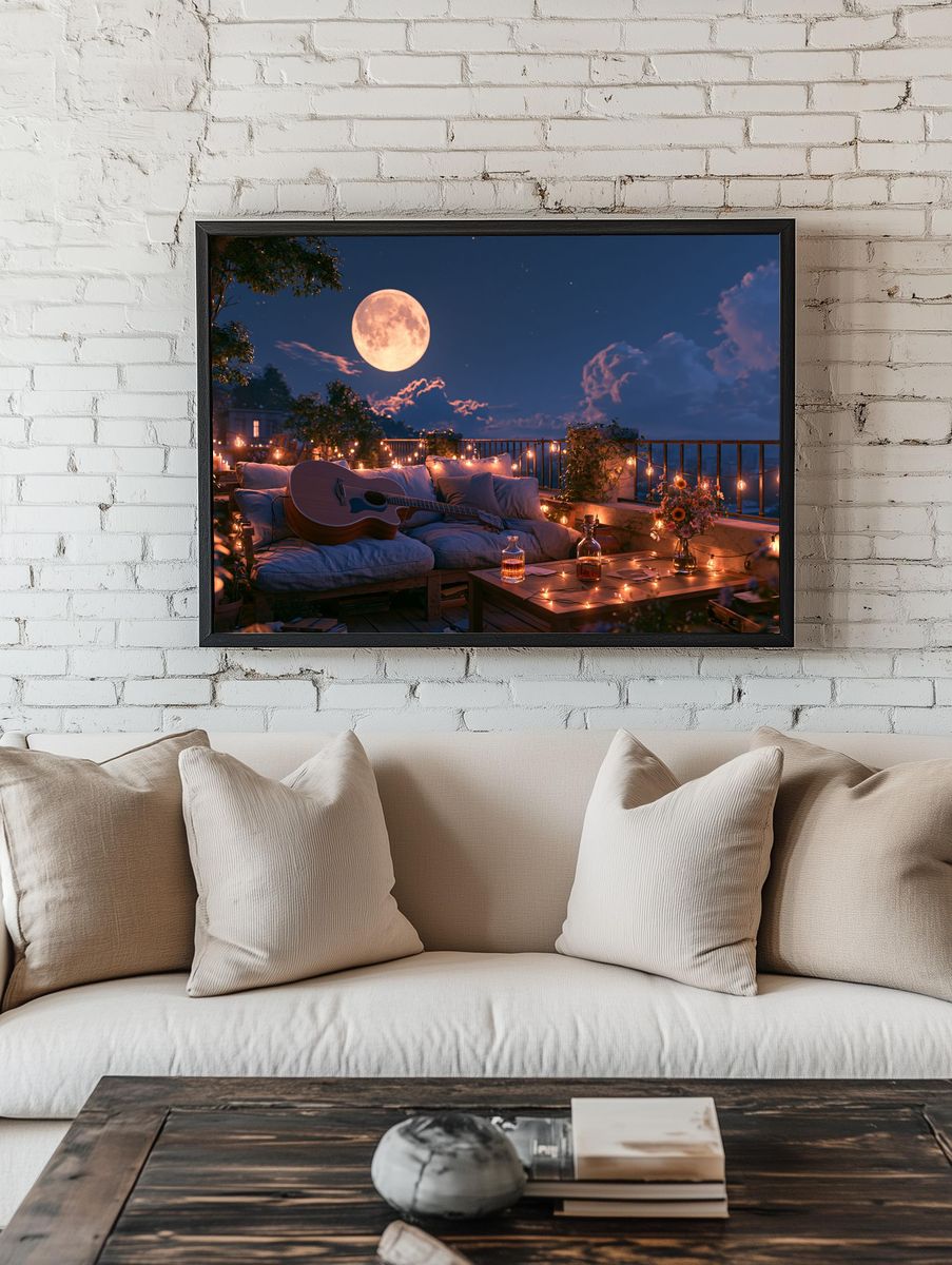 Moonlit Rooftop Guitar Poster. — room view 1