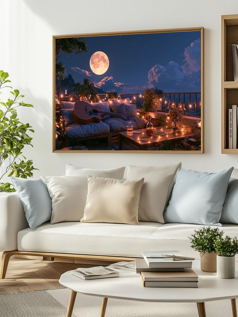 Moonlit Rooftop Guitar Poster. — room view 2