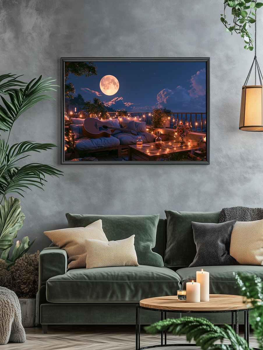 Moonlit Rooftop Guitar Poster. — room view 4