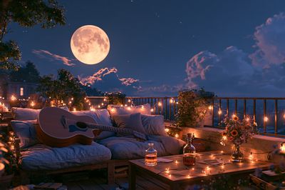 Moonlit Rooftop Guitar Poster.