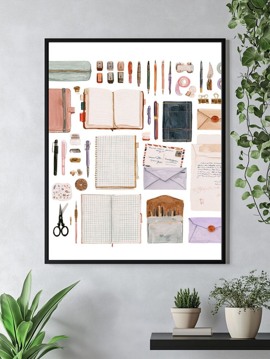 Stationery Watercolor Illustration Poster. — room view 4