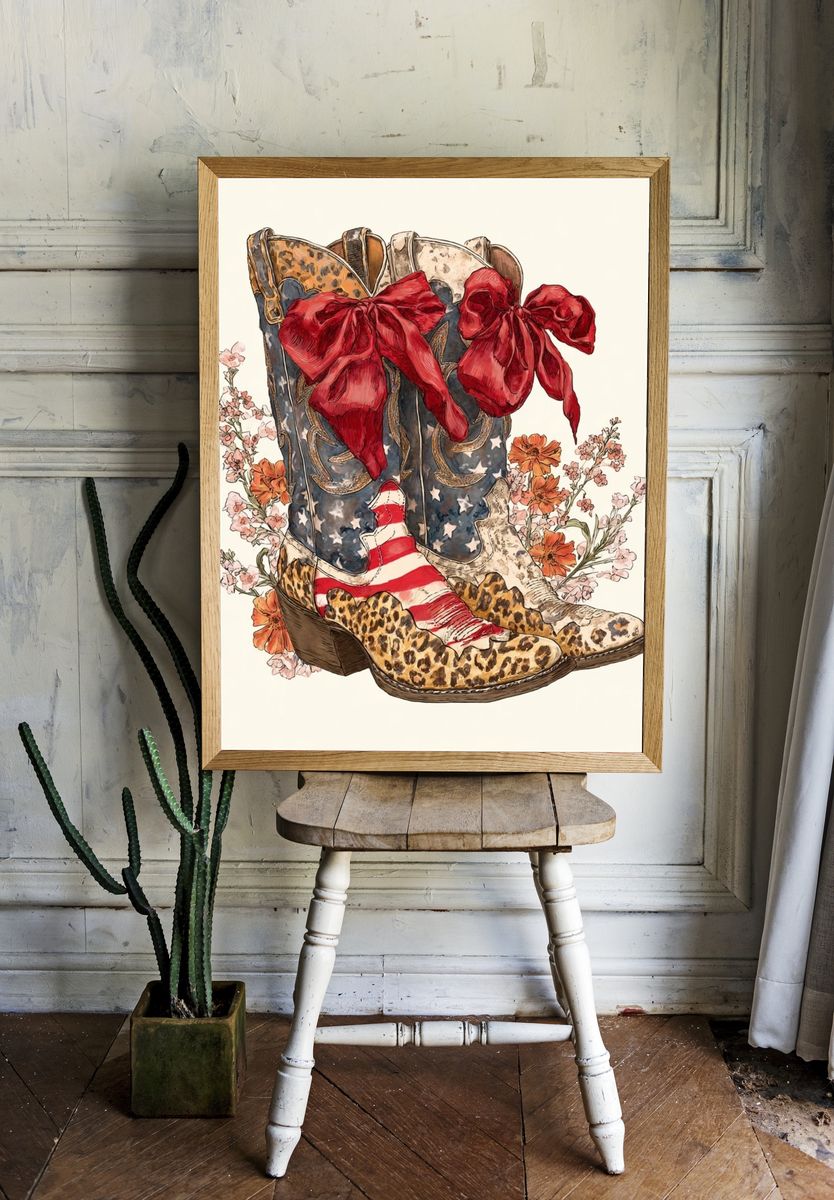 Cowgirl Boots Floral Illustration Poster. — room view 1