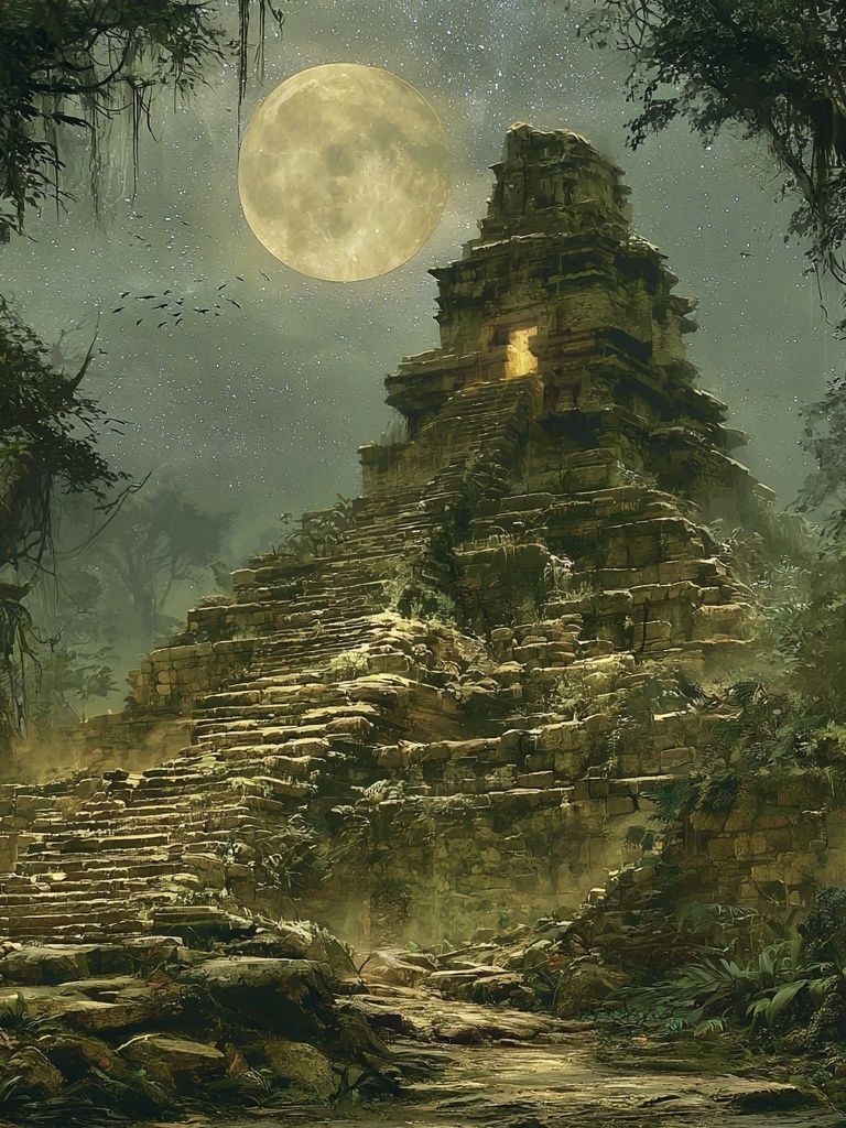 Moonlit Jungle Ruins Illustration Poster. poster — illustration art