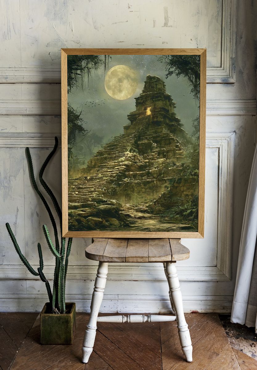 Moonlit Jungle Ruins Illustration Poster. room preview