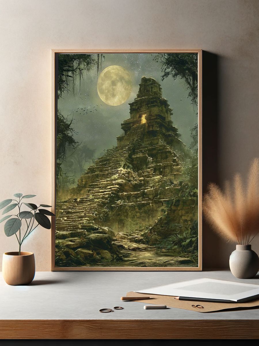 Moonlit Jungle Ruins Illustration Poster. — room view 2