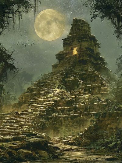 Moonlit Jungle Ruins Illustration Poster. poster print