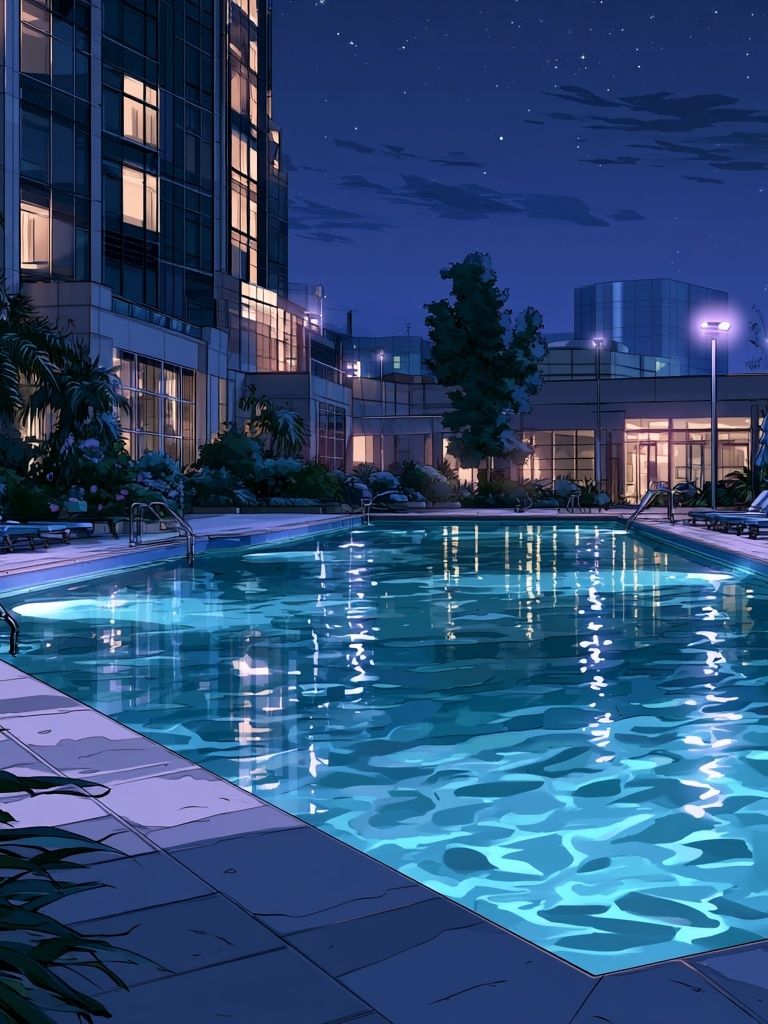 Moonlit Poolside Resort Illustration Poster. poster — illustration art