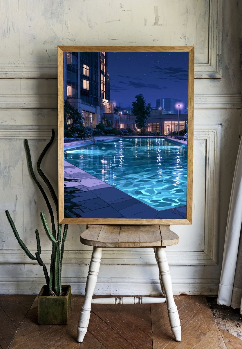 Moonlit Poolside Resort Illustration Poster. — room view 1