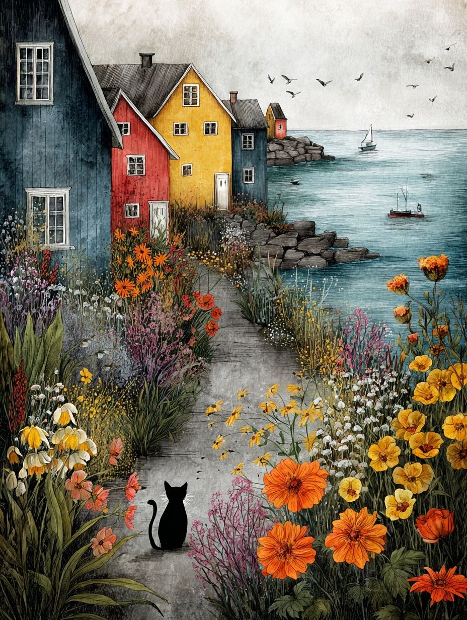 Coastal Village Garden Illustration Poster. poster — illustration art