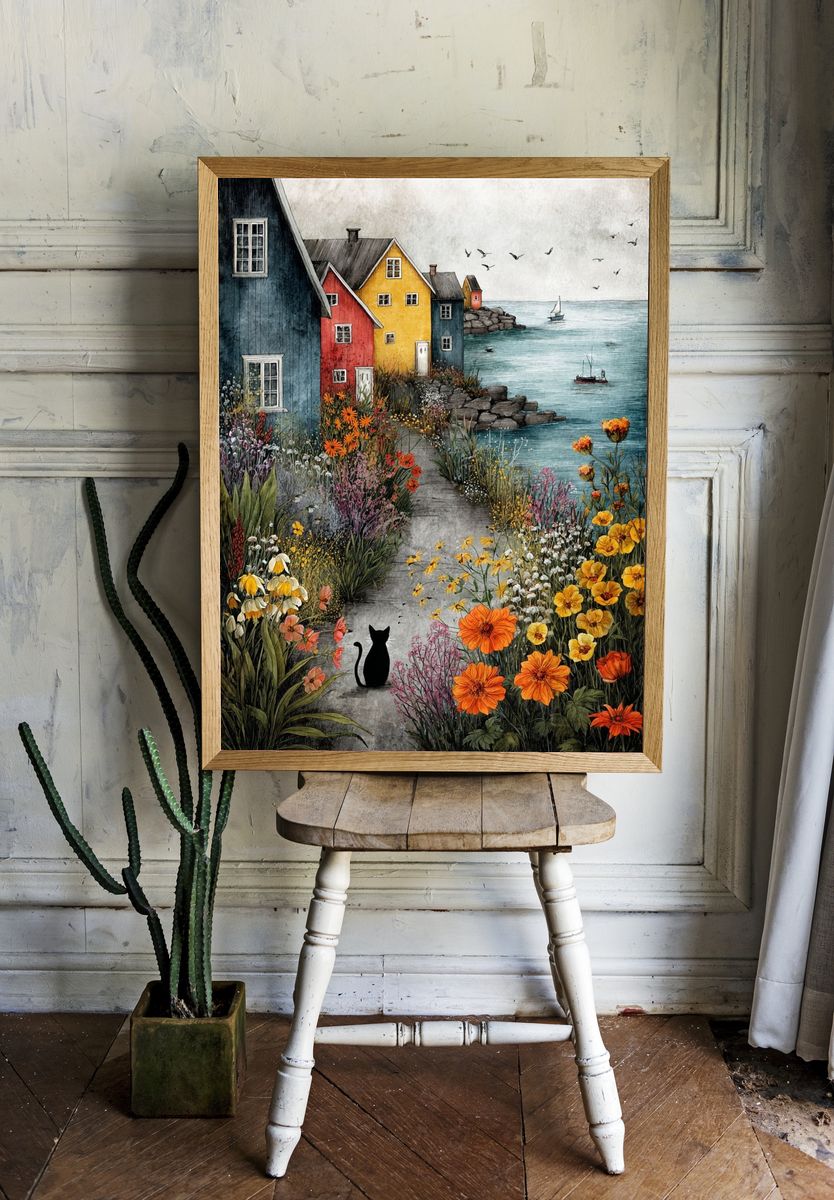 Coastal Village Garden Illustration Poster. room preview