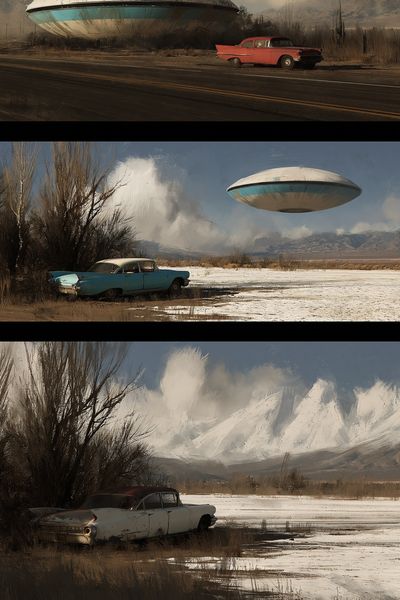 Retro UFO Desert Scene Poster.