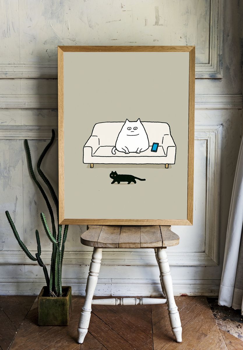 Cat on Sofa Illustration Poster. — room view 1